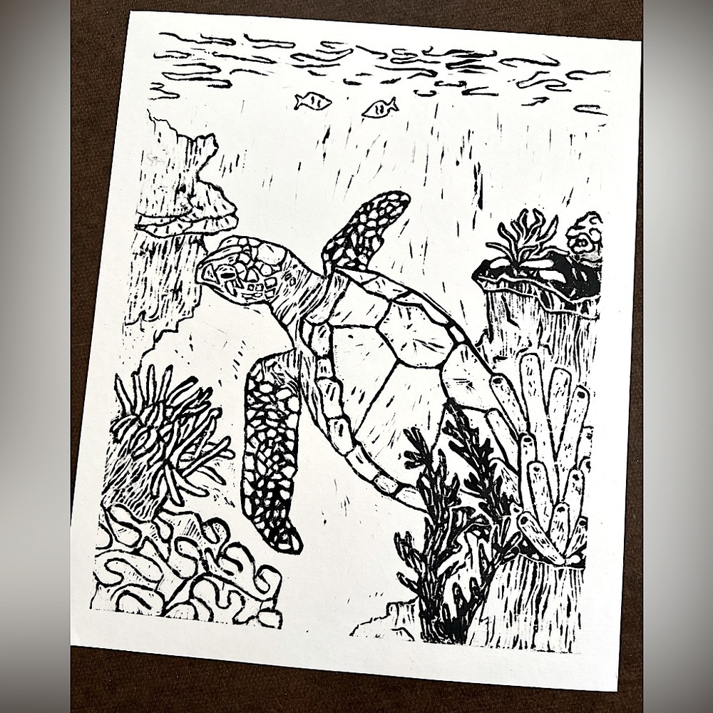 Sea turtle in coral reef Lino print